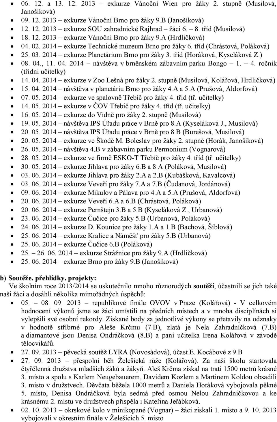 2014 exkurze Planetárium Brno pro žáky 3. tříd (Horáková, Kyseláková Z.) 08. 04., 11. 04. 2014 návštěva v brněnském zábavním parku Bongo 1. 4. ročník (třídní učitelky) 14. 04. 2014 exkurze v Zoo Lešná pro žáky 2.