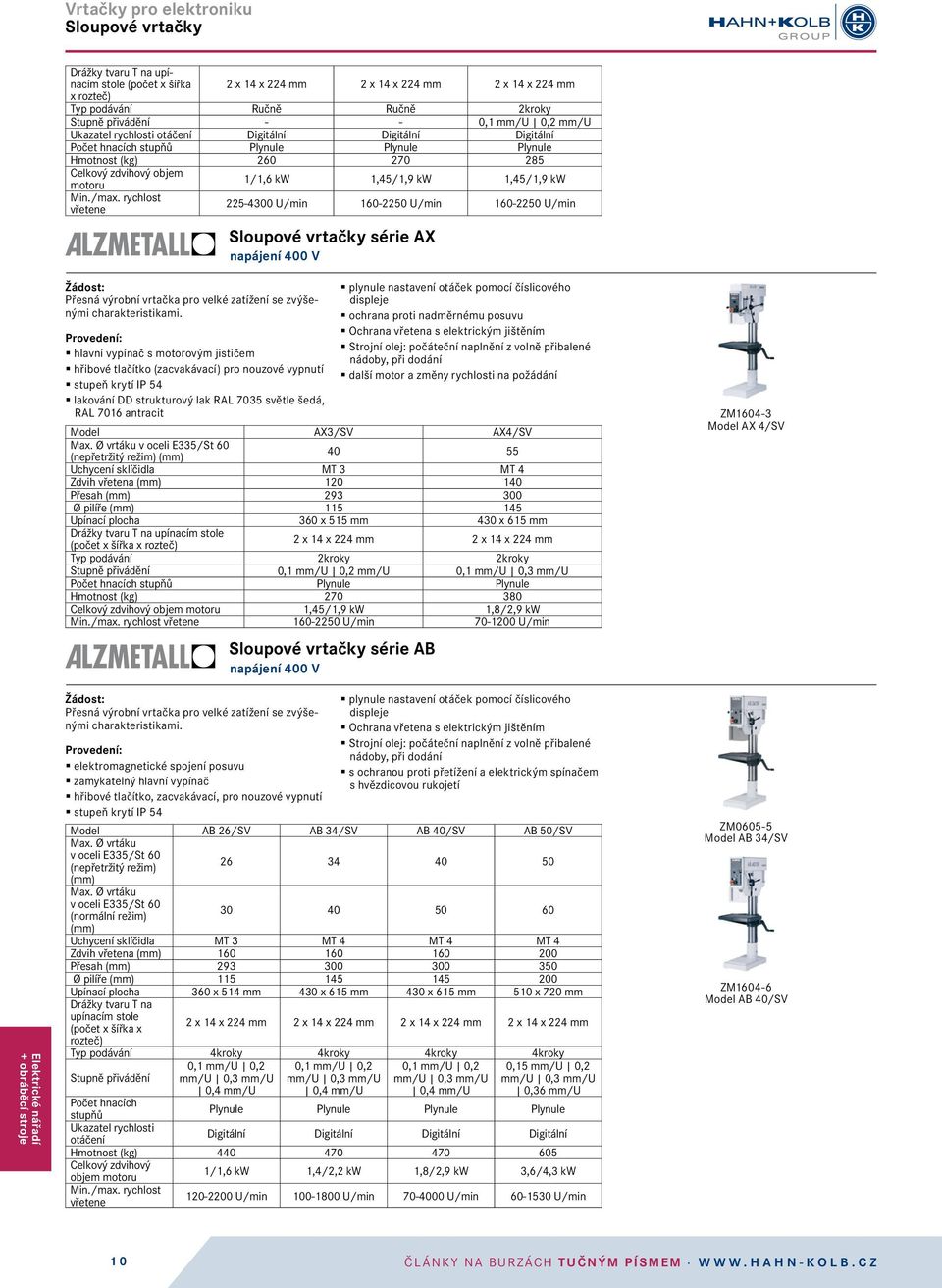 1,45/1,9 kw Min./max. rychlost vřetene 225-4300 U/min 160-2250 U/min 160-2250 U/min Sloupové vrtačky série AX napájení 400 V Přesná výrobní vrtačka pro velké zatížení se zvýšenými charakteristikami.