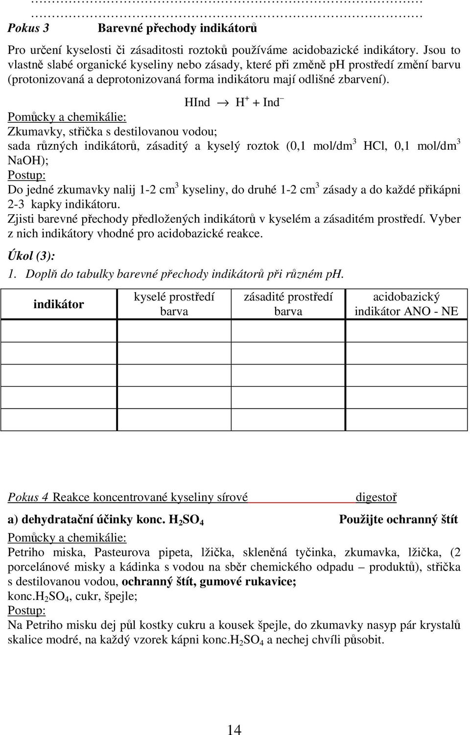 HInd H + + Ind Pomůcky a chemikálie: Zkumavky, střička s destilovanou vodou; sada různých indikátorů, zásaditý a kyselý roztok (0,1 mol/dm 3 HCl, 0,1 mol/dm 3 NaOH); Postup: Do jedné zkumavky nalij