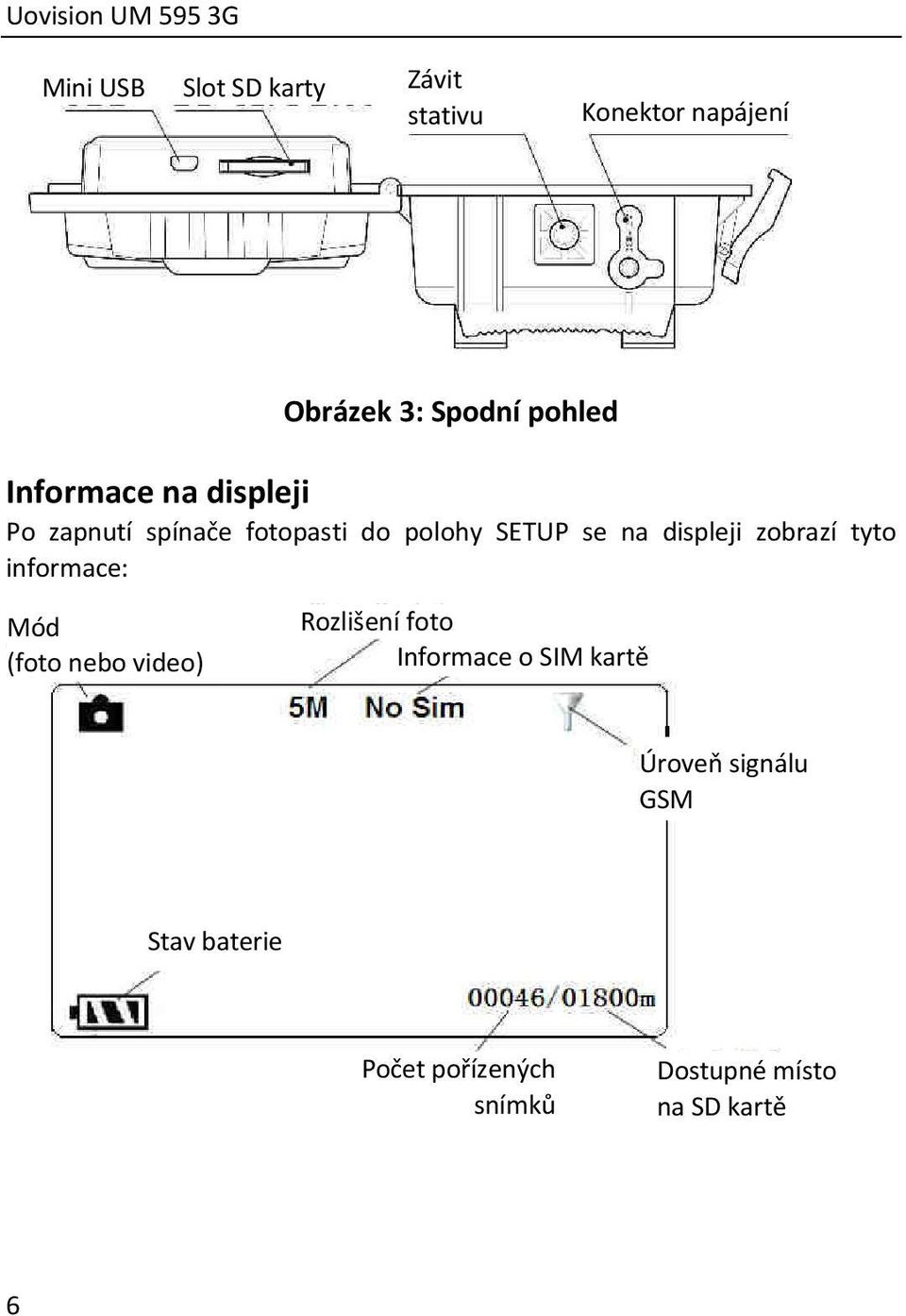 displeji zobrazí tyto informace: Mód (foto nebo video) Rozlišení foto Informace o SIM