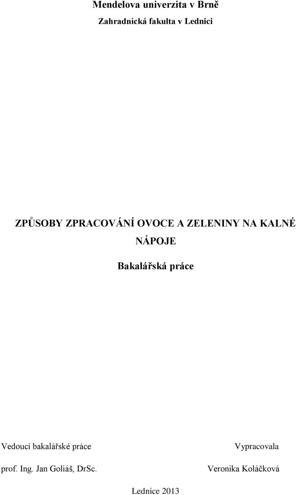 NÁPOJE Bakalářská práce Vedoucí bakalářské práce prof.