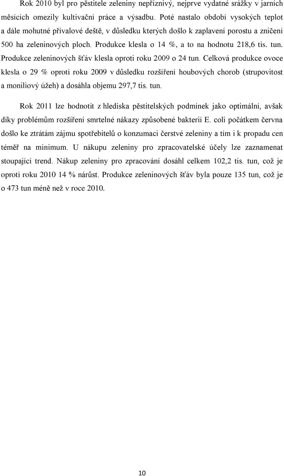 tun. Produkce zeleninových šťáv klesla oproti roku 2009 o 24 tun.