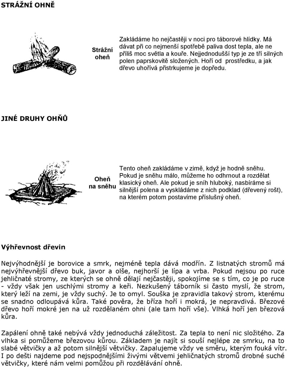 JINÉ DRUHY OHŇŮ Oheň na sněhu Tento oheň zakládáme v zimě, když je hodně sněhu. Pokud je sněhu málo, můžeme ho odhrnout a rozdělat klasický oheň.