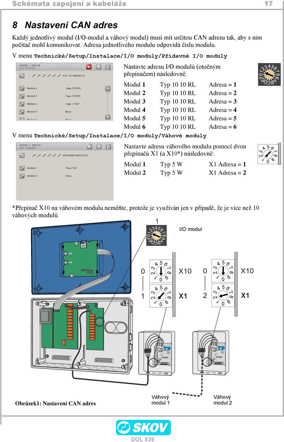 V menu Technické/Setup/Instalace/I/O moduly/přídavné I/O moduly Nastavte adresu I/O modulů (otočným přepínačem) následovně: Modul 1 Typ 10 10 RL Adresa = 1 Modul 2 Typ 10 10 RL Adresa = 2 Modul 3 Typ