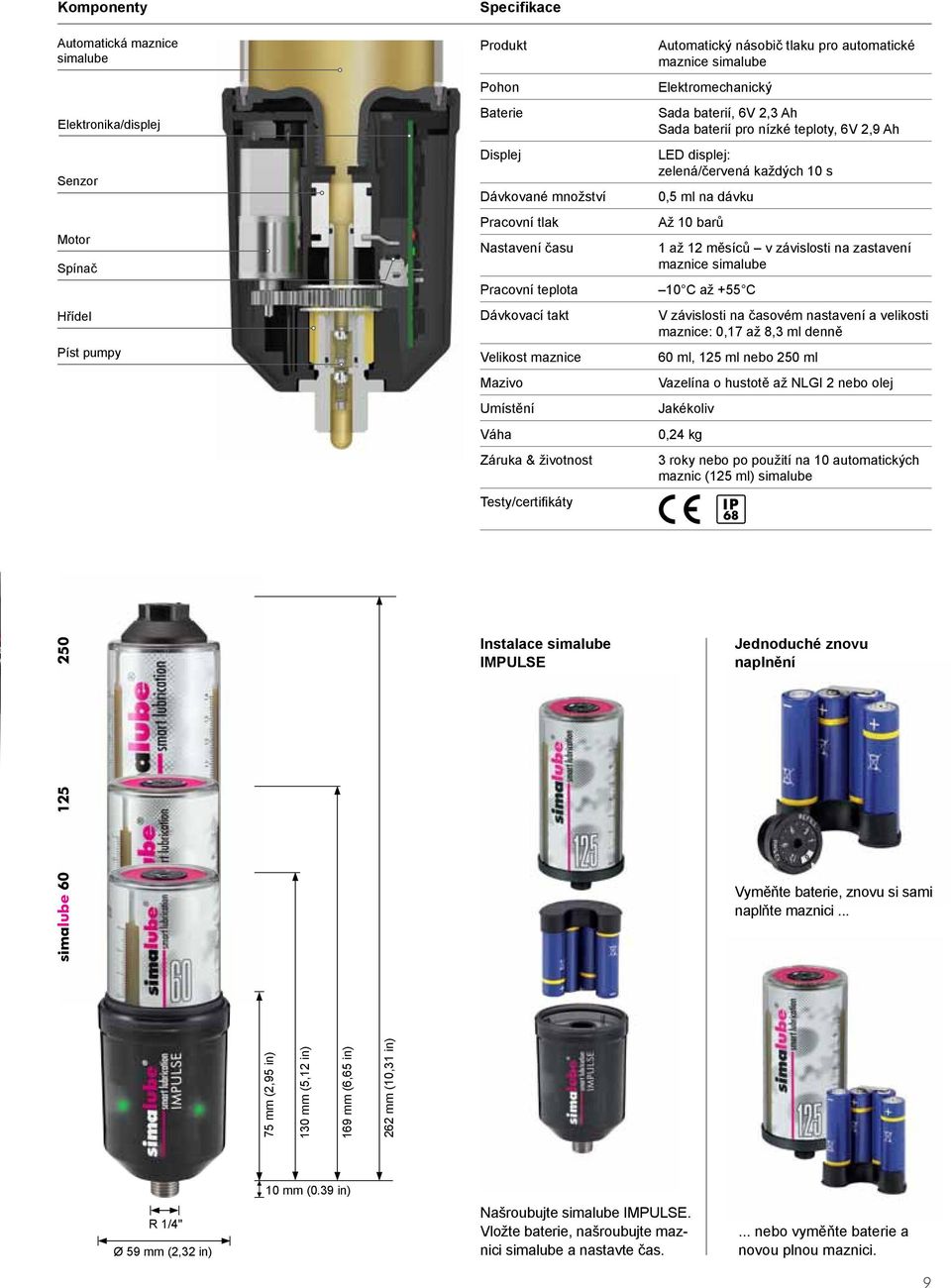 Sada baterií pro nízké teploty, 6V 2,9 Ah LED displej: zelená/červená každých 10 s 0,5 ml na dávku Až 10 barů 1 až 12 měsíců v závislosti na zastavení maznice simalube 10 C až +55 C V závislosti na