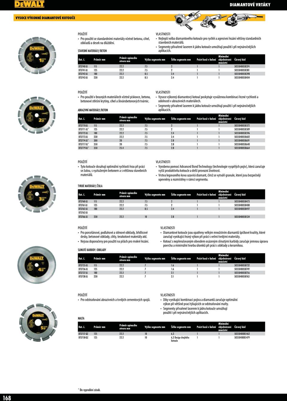 Segmenty přivařené laserem k jádru kotouče umožňují použití i při nejnáročnějších aplikacích. Výška segmentu mm Šířka segmentu mm DT3740-XJ 115 22.2 7.5 2 1 1 5035048058374 DT3741-XJ 125 22.2 7.5 2 1 1 5035048058381 DT3742-XJ 180 22.