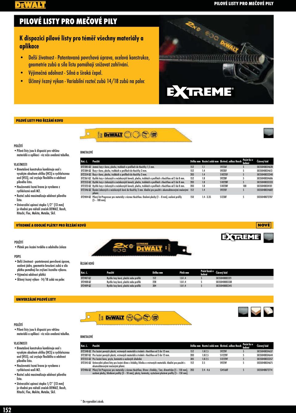Účinný řezný výkon - Variabilní rozteč zubů 14/18 zubů na palec PILOVÉ LISTY PRO ŘEZÁNÍ KOVU Pilové listy jsou k dispozici pro většinu materiálů a aplikací - viz níže uvedená tabulka.