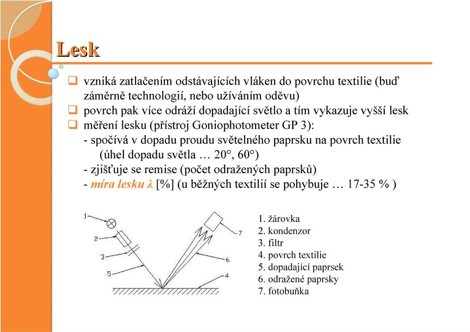 paprsku na povrch textilie (úhel dopadu světla 20, 60 ) -zjišťuje se remise (počet odražených paprsků) - míra lesku λ [%] (u běžných