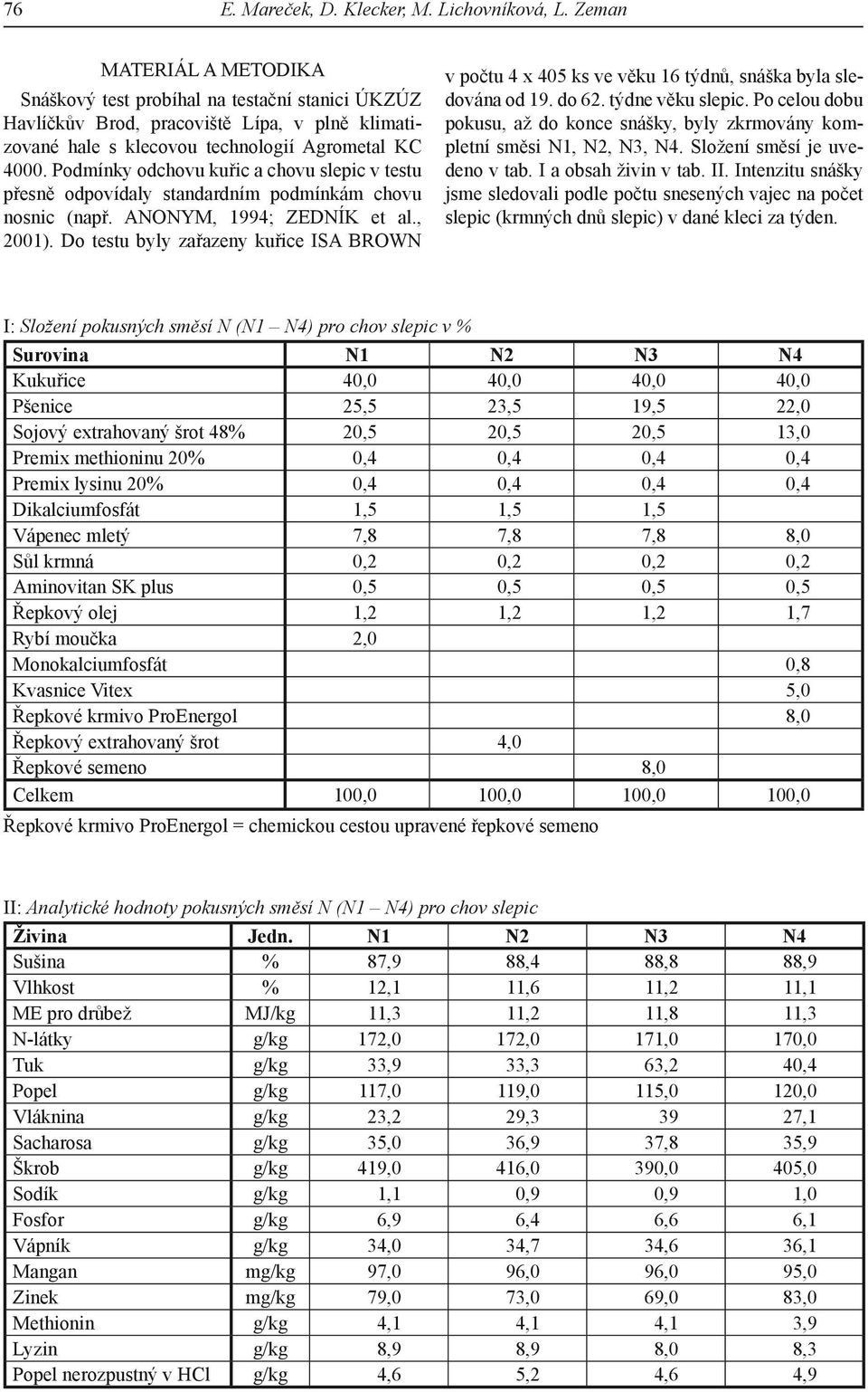 Podmínky odchovu kuřic a chovu slepic v testu přesně odpovídaly standardním podmínkám chovu nosnic (např. ANONYM, 1994; ZEDNÍK et al., 2001).