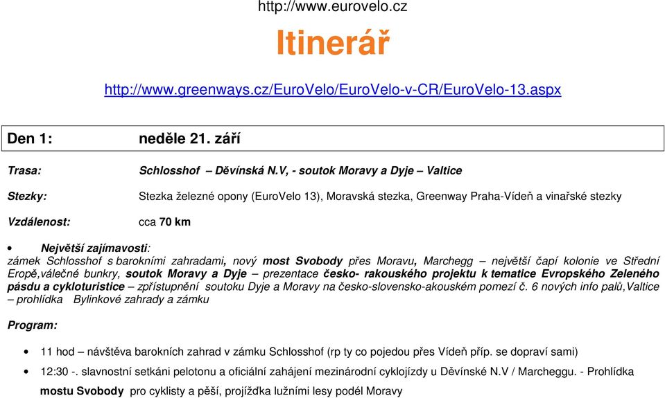 barokními zahradami, nový most Svobody přes Moravu, Marchegg největší čapí kolonie ve Střední Eropě,válečné bunkry, soutok Moravy a Dyje prezentace česko- rakouského projektu k tematice Evropského