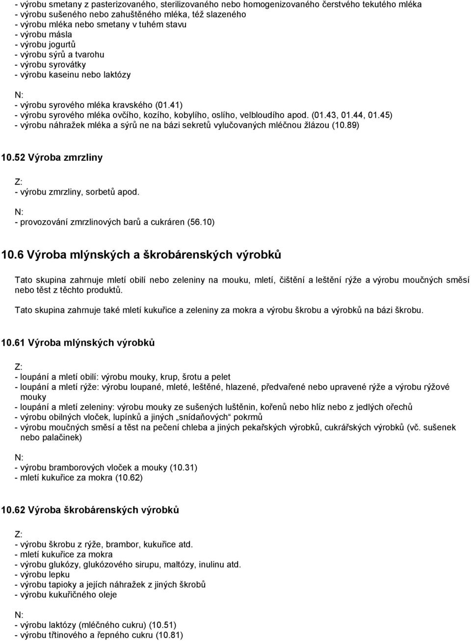 41) - výrobu syrového mléka ovčího, kozího, kobylího, oslího, velbloudího apod. (01.43, 01.44, 01.45) - výrobu náhražek mléka a sýrů ne na bázi sekretů vylučovaných mléčnou žlázou (10.89) 10.