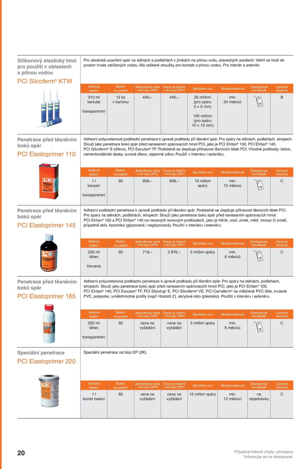 310 ml kartuše transparentní 12 ks v kartonu ena za 440, 440, 25 ml/bm/ * B (pro spáru 24 měsíců 5 5 mm) 100 ml/bm/ (pro spáru 10 10 mm) Penetrace před těsněním boků spár PI Elastoprimer 110 Adhezní