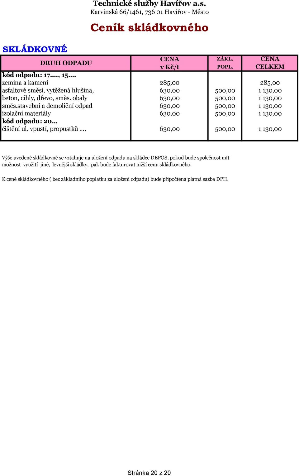 285,00 500,00 1 130,00 500,00 1 130,00 500,00 1 130,00 500,00 1 130,00 500,00 CENA CELKEM 1 130,00 Výše uvedené skládkovné se vztahuje na uložení odpadu na skládce DEPOS, pokud