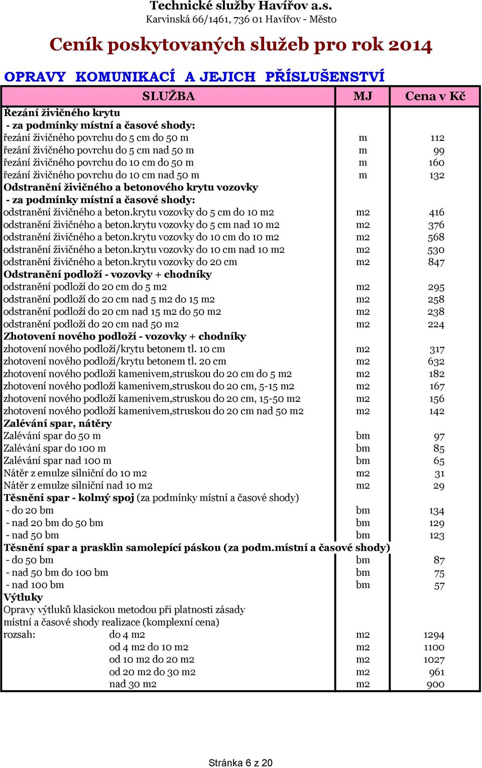 odstranění živičného a beton.krytu vozovky do 5 cm do 10 m2 m2 416 odstranění živičného a beton.krytu vozovky do 5 cm nad 10 m2 m2 376 odstranění živičného a beton.