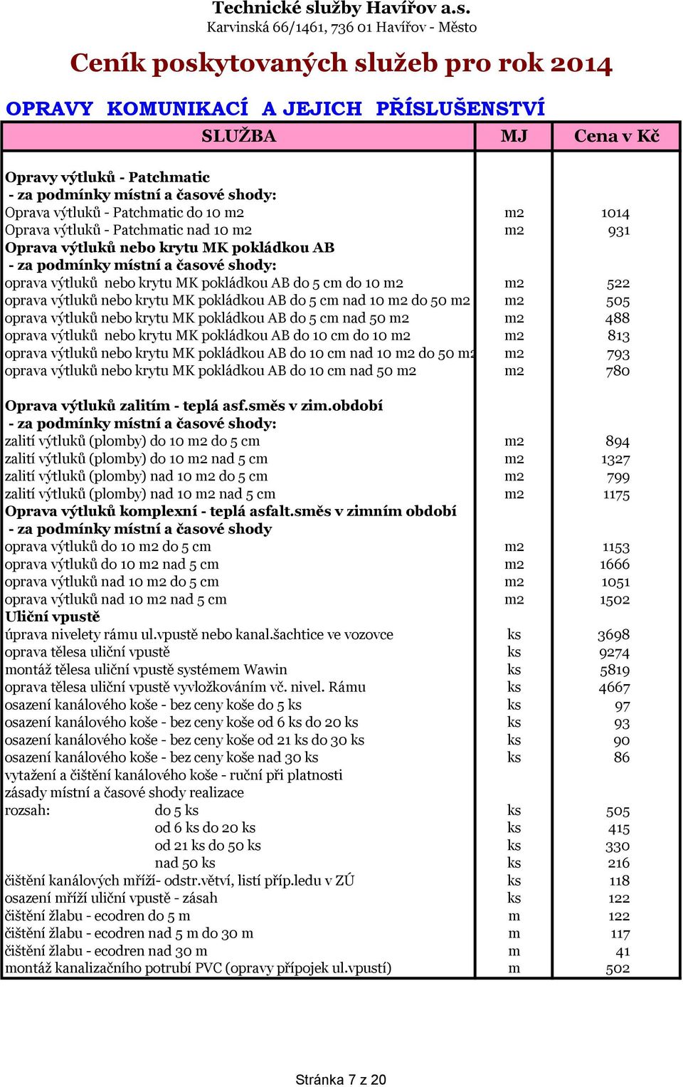 pokládkou AB do 5 cm nad 10 m2 do 50 m2 m2 505 oprava výtluků nebo krytu MK pokládkou AB do 5 cm nad 50 m2 m2 488 oprava výtluků nebo krytu MK pokládkou AB do 10 cm do 10 m2 m2 813 oprava výtluků