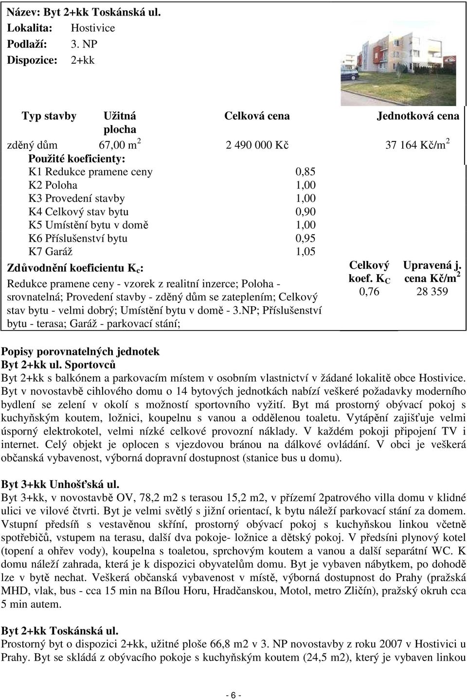 stavby 1,00 K4 Celkový stav bytu 0,90 K5 Umístění bytu v domě 1,00 K6 Příslušenství bytu 0,95 K7 Garáž 1,05 Zdůvodnění koeficientu K c : Redukce pramene ceny - vzorek z realitní inzerce; Poloha -