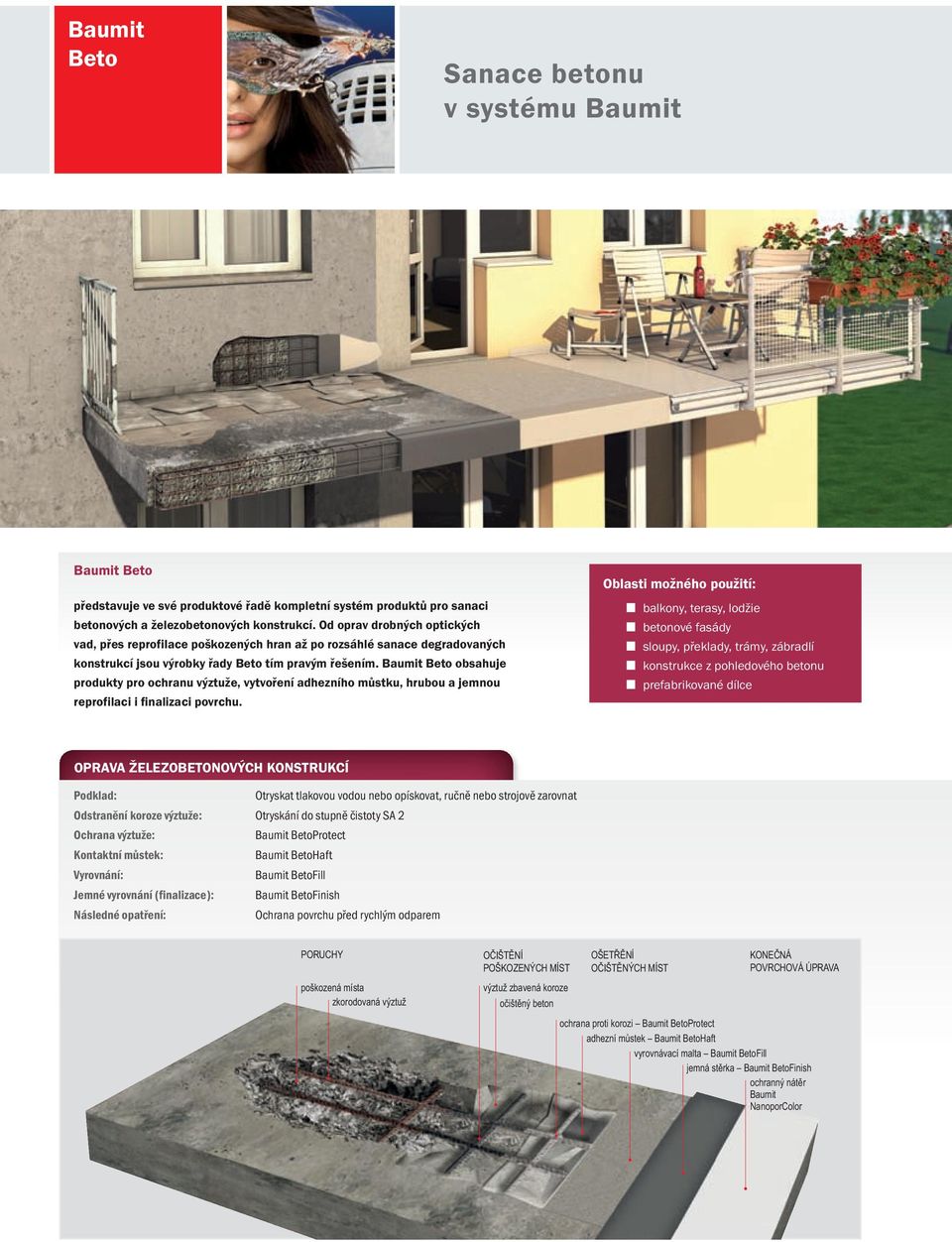 Baumit Beto obsahuje produkty pro ochrau výztuže, vytvořeí adhezího můstku, hrubou a jemou reprofilaci i fializaci povrchu.