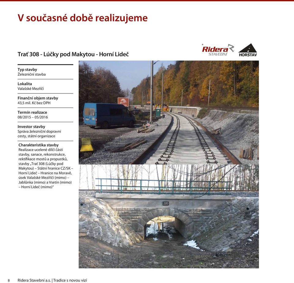 rekonstrukce, rektifikace mostů a propustků, stavby Trať 308 (Lúčky pod Makytou) Státní hranice CZ/SK Horní Lideč Hranice na