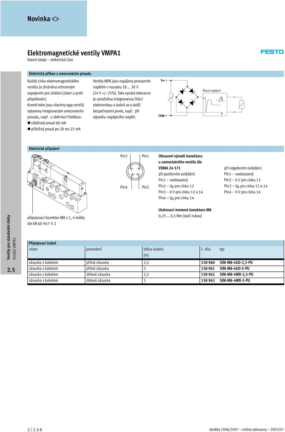 u sběrnice Fieldbus: záběrový proud 60 ma přídržný proud po 20 ms 25 ma Ventily MPA jsou napájeny provozním napětím v rozsahu 18 30 V (24 V +/ 25%).