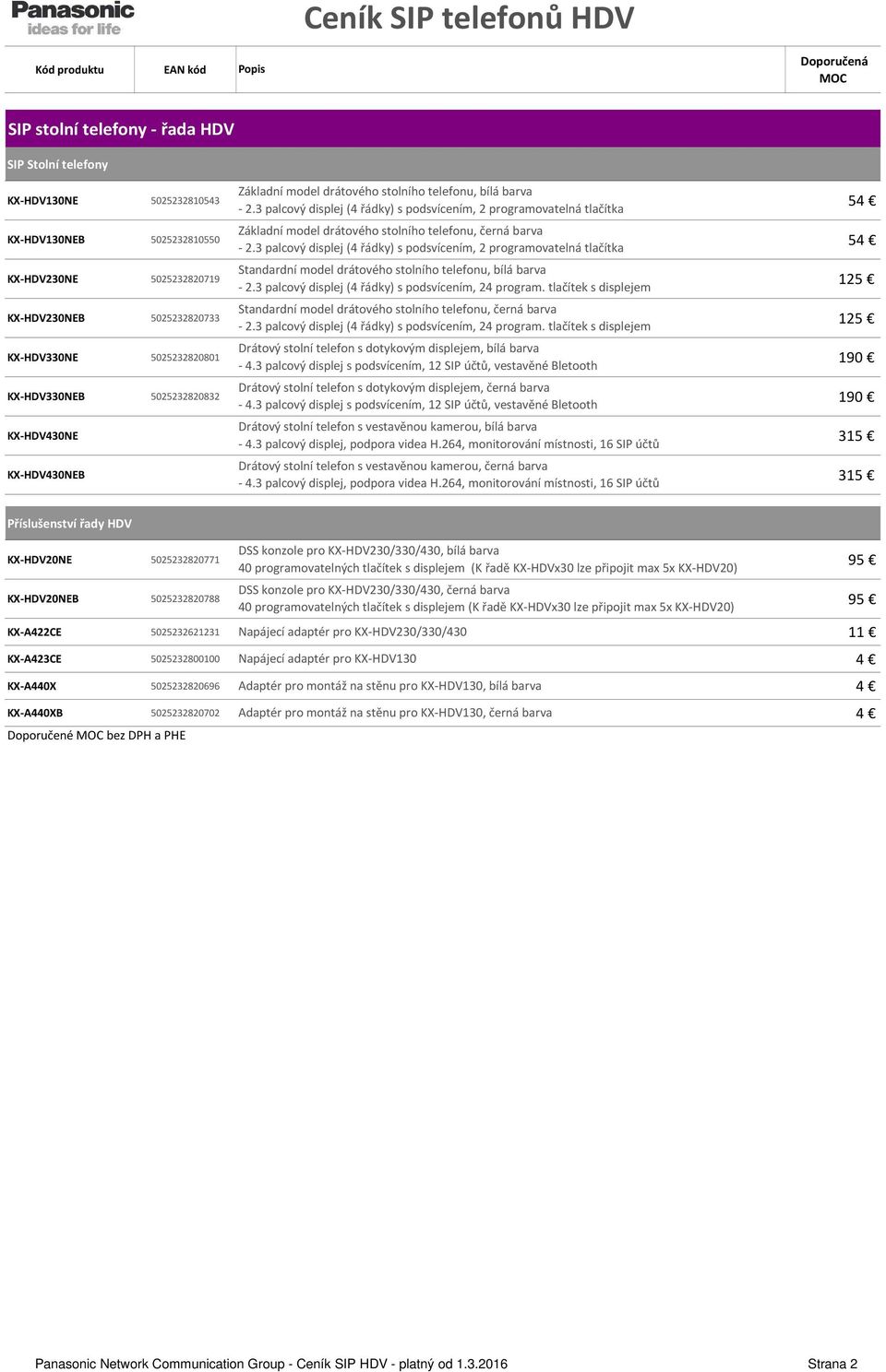 3 palcový displej (4 řádky) s podsvícením, 2 programovatelná tlačítka 5 KX-HDV230NE 5025232820719 Standardní model drátového stolního telefonu, bílá barva - 2.