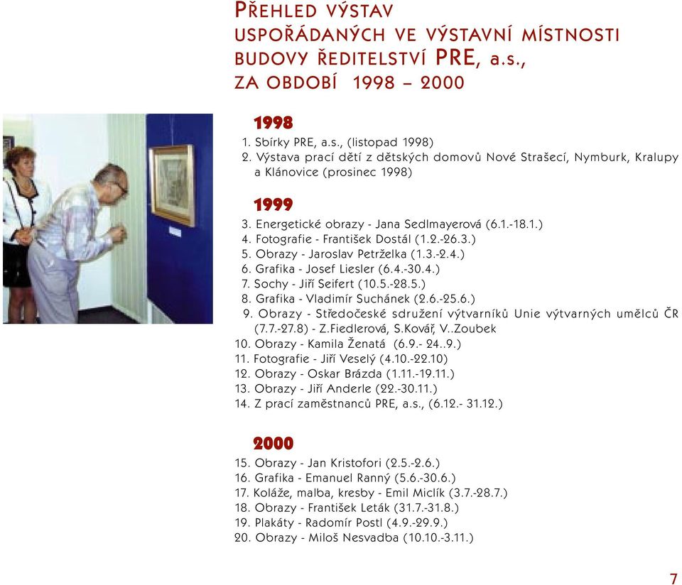 3.) 5. Obrazy - Jaroslav Petrželka (1.3.-2.4.) 6. Grafika - Josef Liesler (6.4.-30.4.) 7. Sochy - Jiøí Seifert (10.5.-28.5.) 8. Grafika - Vladimír Suchánek (2.6.-25.6.) 9.