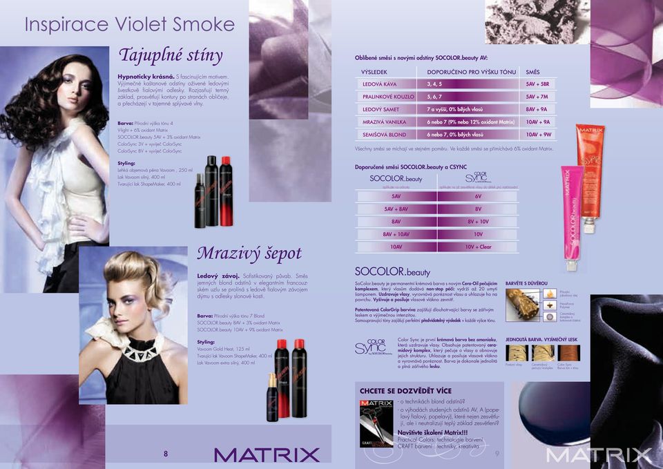 beauty 5AV + 3% oxidant Matrix ColorSync 3V + vyvíječ ColorSync ColorSync 8V + vyvíječ ColorSync Styling: Lehká objemová pěna Vavoom, 250 ml Lak Vavoom silný, 400 ml Tvarující lak ShapeMaker, 400 ml