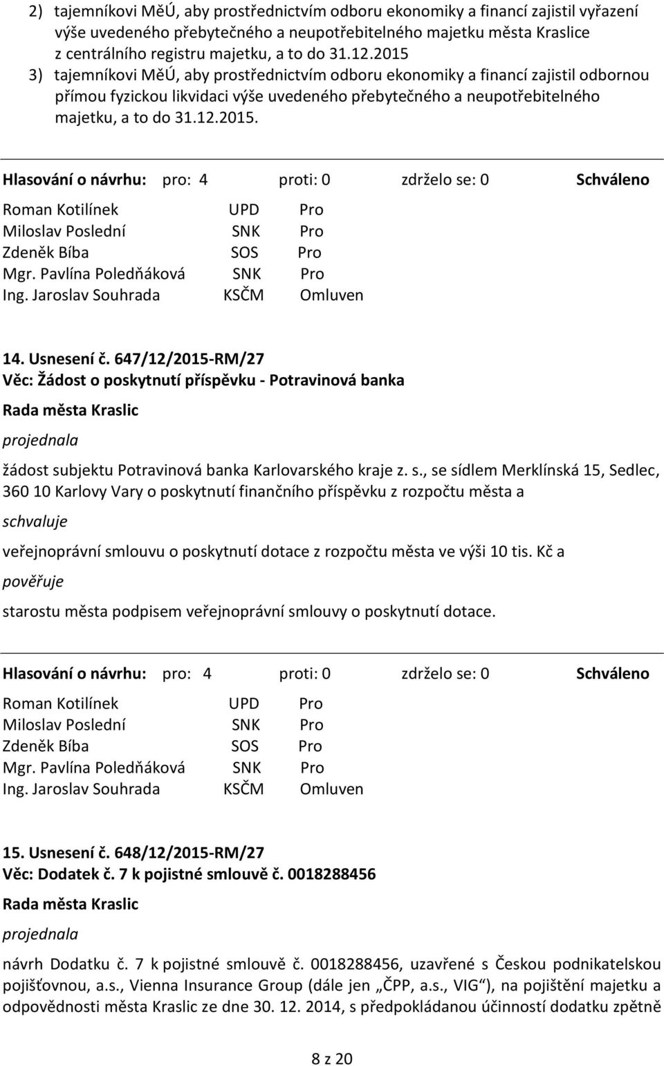 Usnesení č. 647/12/2015-RM/27 Věc: Žádost o poskytnutí příspěvku - Potravinová banka žádost su