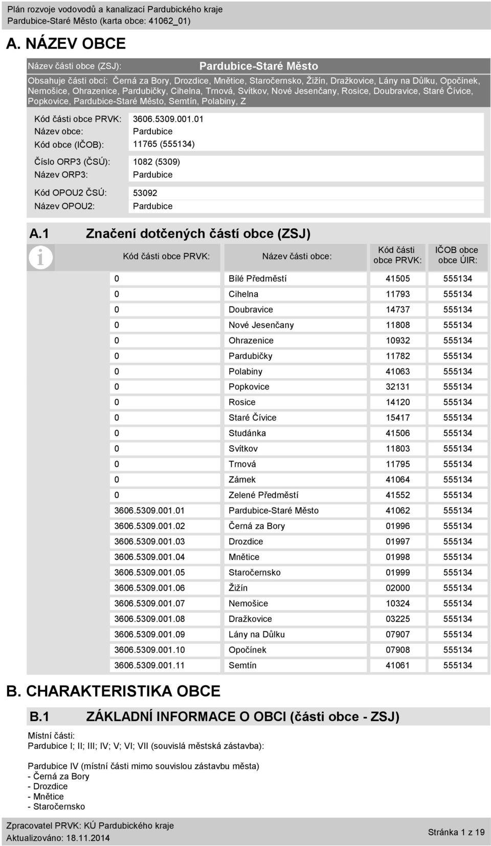 Černá za Bory, Drozdice, Mnětice, Staročernsko, Žižín, Dražkovice, Lány na Důlku, Opočínek, Nemošice, Ohrazenice, Pardubičky, Cihelna, Trnová, Svítkov, Nové Jesenčany, Rosice, Doubravice, Staré