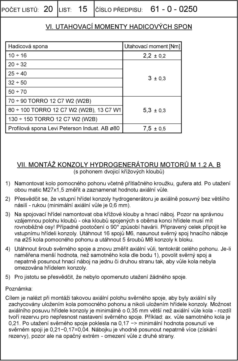 TORRO 12 7 W2 (W2B) Profilová spona Levi Peterson Indust. AB ø80 7,5 ± 0,5 VII. MONTÁŽ KONZOLY HYDROGENERÁTORU MOTORŮ M 1.