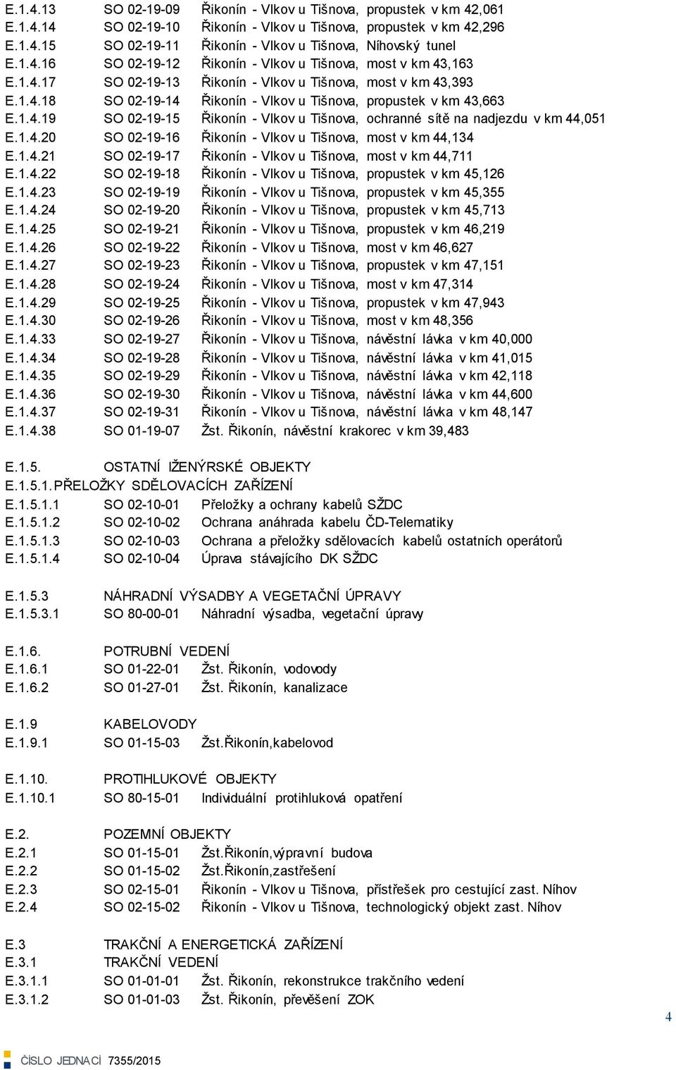 1.4.19 SO 02-19-15 Řikonín - Vlkov u Tišnova, ochranné sítě na nadjezdu v km 44,051 E.1.4.20 SO 02-19-16 Řikonín - Vlkov u Tišnova, most v km 44,134 E.1.4.21 SO 02-19-17 Řikonín - Vlkov u Tišnova, most v km 44,711 E.