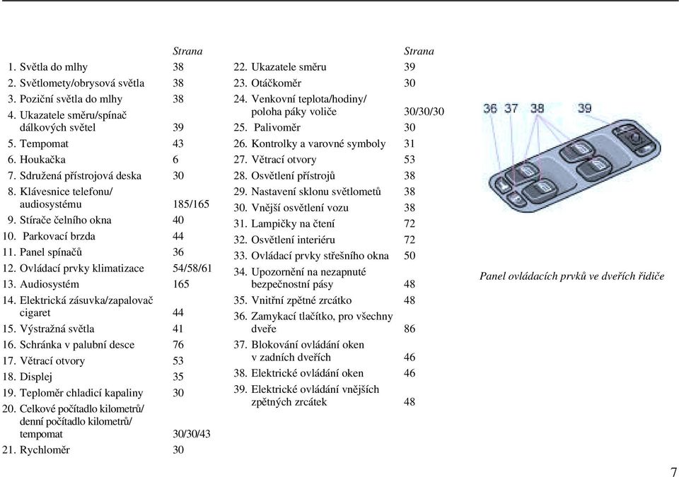Elektrická zásuvka/zapalovač cigaret 44 15. Výstražná světla 41 16. Schránka v palubní desce 76 17. Větrací otvory 53 18. Displej 35 19. Teploměr chladicí kapaliny 30 20.