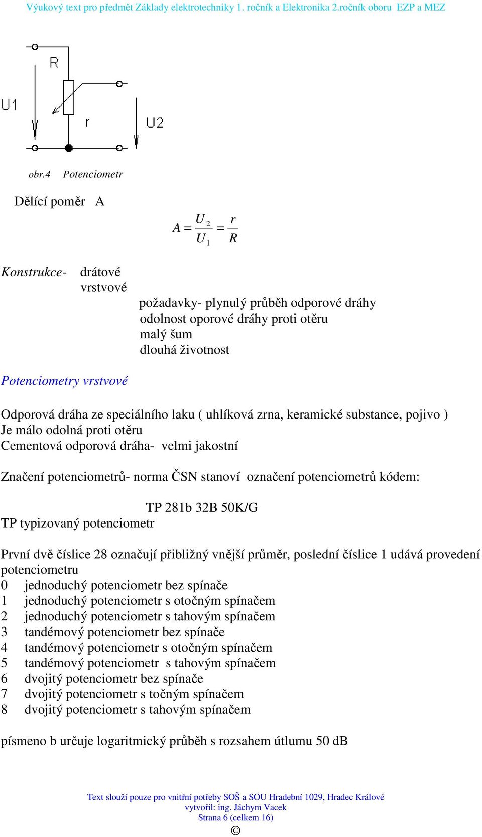 označení potenciometrů kódem: TP 281b 32B 50K/G TP typizovaný potenciometr První dvě číslice 28 označují přibližný vnější průměr, poslední číslice 1 udává provedení potenciometru 0 jednoduchý