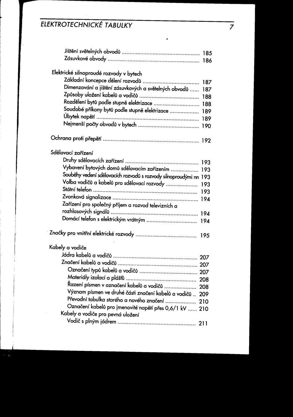 vodiču 188 RozdeleníbytUpodie stupneelektrizace 188 Soudobé príkonybytupodie stupneelektrizace 189 Úbyteknapetí 189 Nejmenšípočtyobvoduv bytech 190 Ochrana proti prepetí l 92 Sde/ovací zarízení