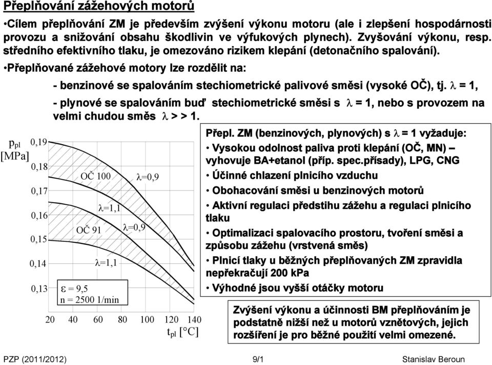 Přeplňované zážehové motory lze rozdělit na: p pl [MPa] 0,19 0,18 0,17 0,16 0,15 0,14 0,13 - benzinové se spalováním stechiometrické palivové směsi (vysoké OČ), tj.