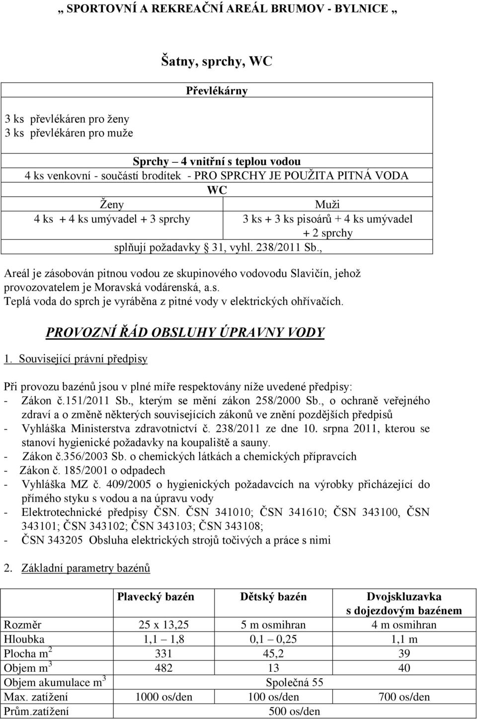 , Areál je zásobován pitnou vodou ze skupinového vodovodu Slavičín, jehož provozovatelem je Moravská vodárenská, a.s. Teplá voda do sprch je vyráběna z pitné vody v elektrických ohřívačích.