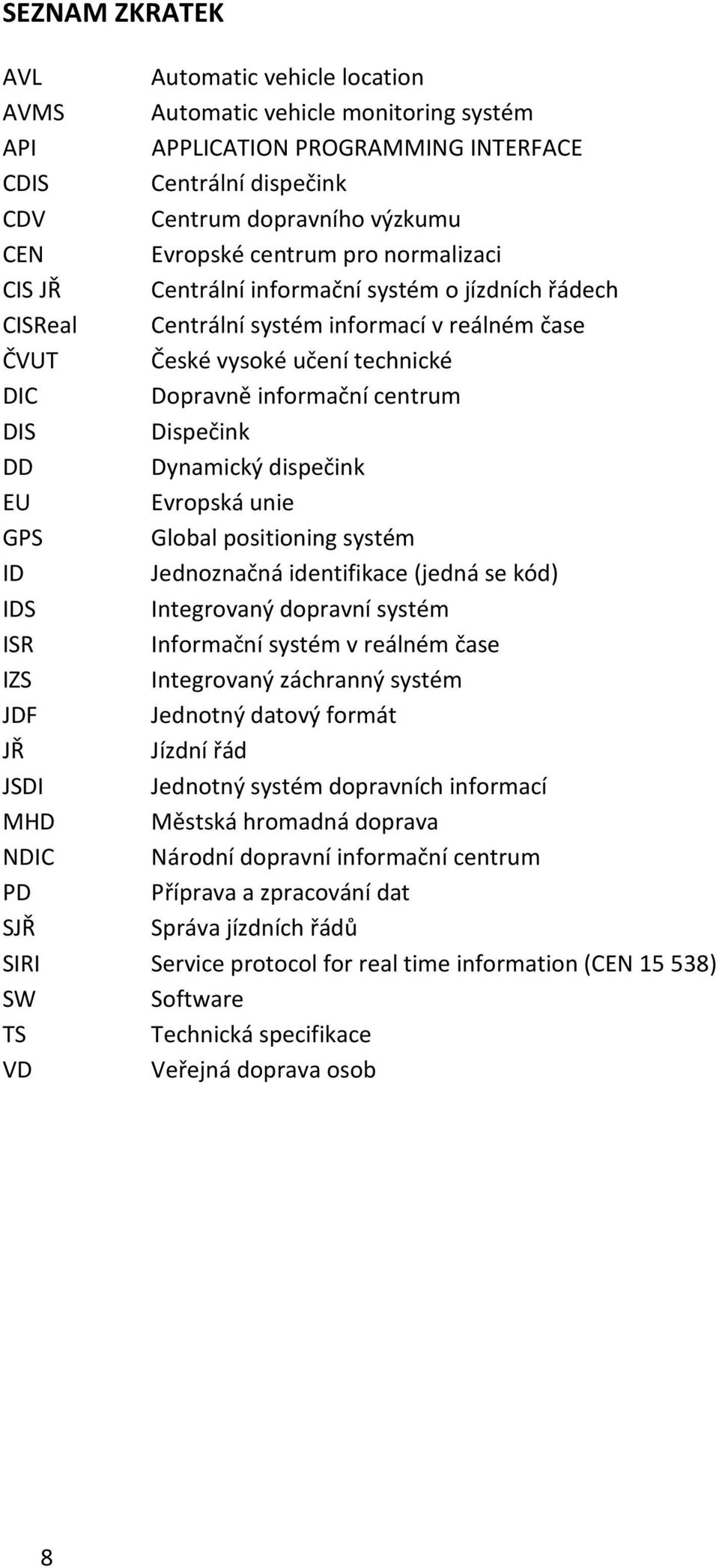 Dispečink DD Dynamický dispečink EU Evropská unie GPS Global positioning systém ID Jednoznačná identifikace (jedná se kód) IDS Integrovaný dopravní systém ISR Informační systém v reálném čase IZS