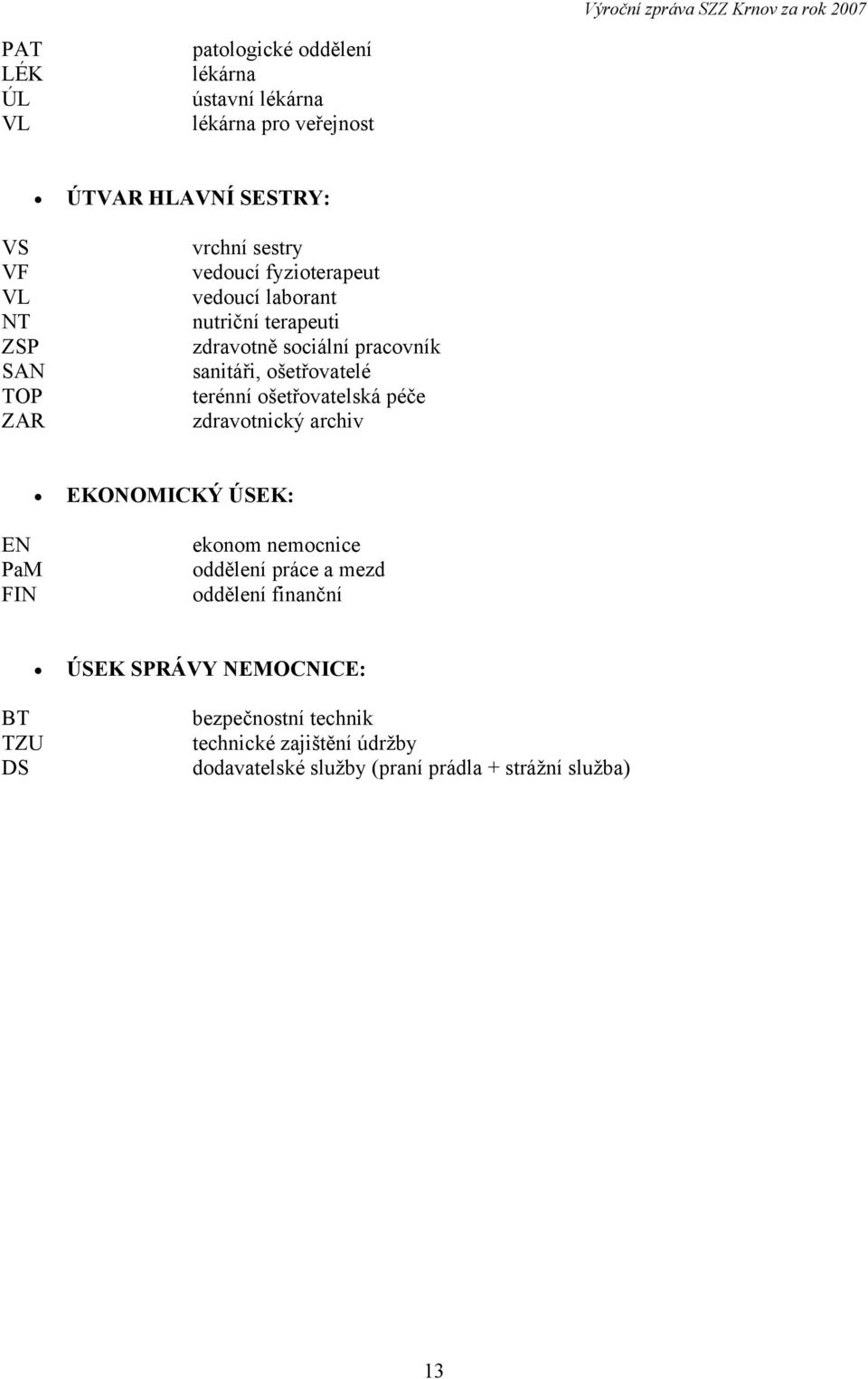 terénní ošetřovatelská péče zdravotnický archiv EKONOMICKÝ ÚSEK: EN PaM FIN ekonom nemocnice oddělení práce a mezd oddělení