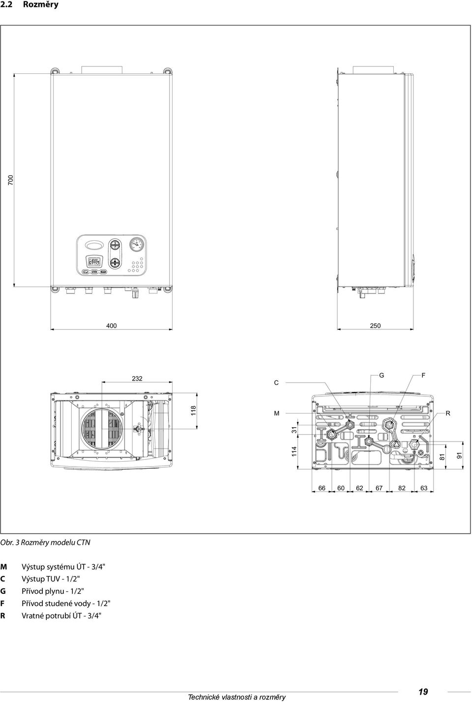 3 Rozměry modelu CTN M Výstup systému ÚT - 3/4" C Výstup TUV -
