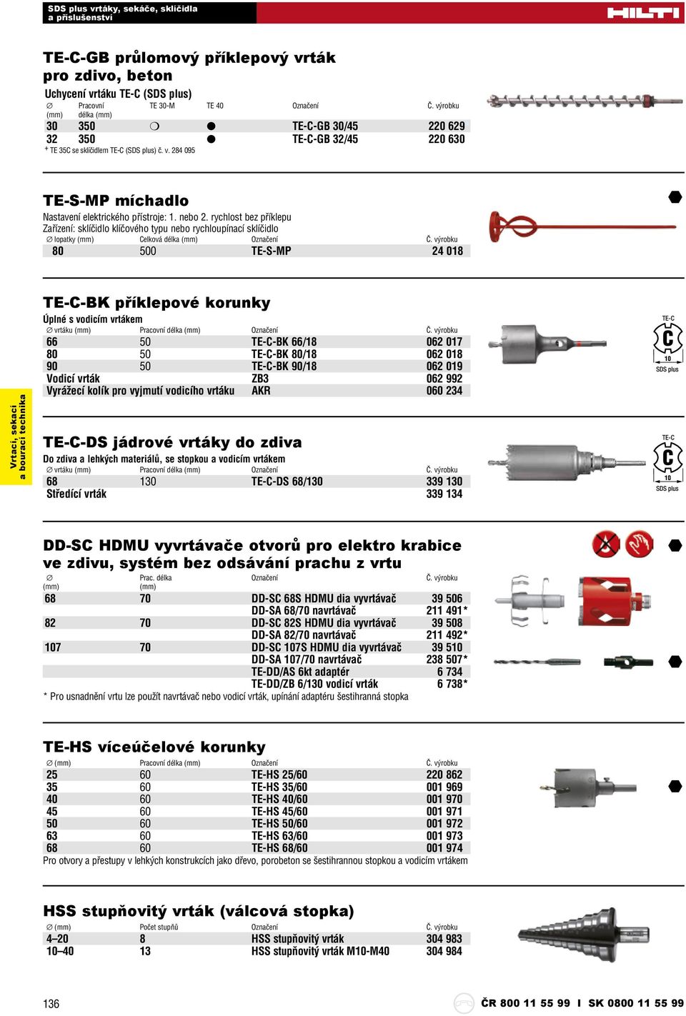 rychlost bez příklepu Zařízení: sklíčidlo klíčového typu nebo rychloupínací sklíčidlo lopatky Celková délka 80 500 TE-S-MP 24 018 TE-C-BK příklepové korunky Úplné s vodicím vrtákem vrtáku 66 50