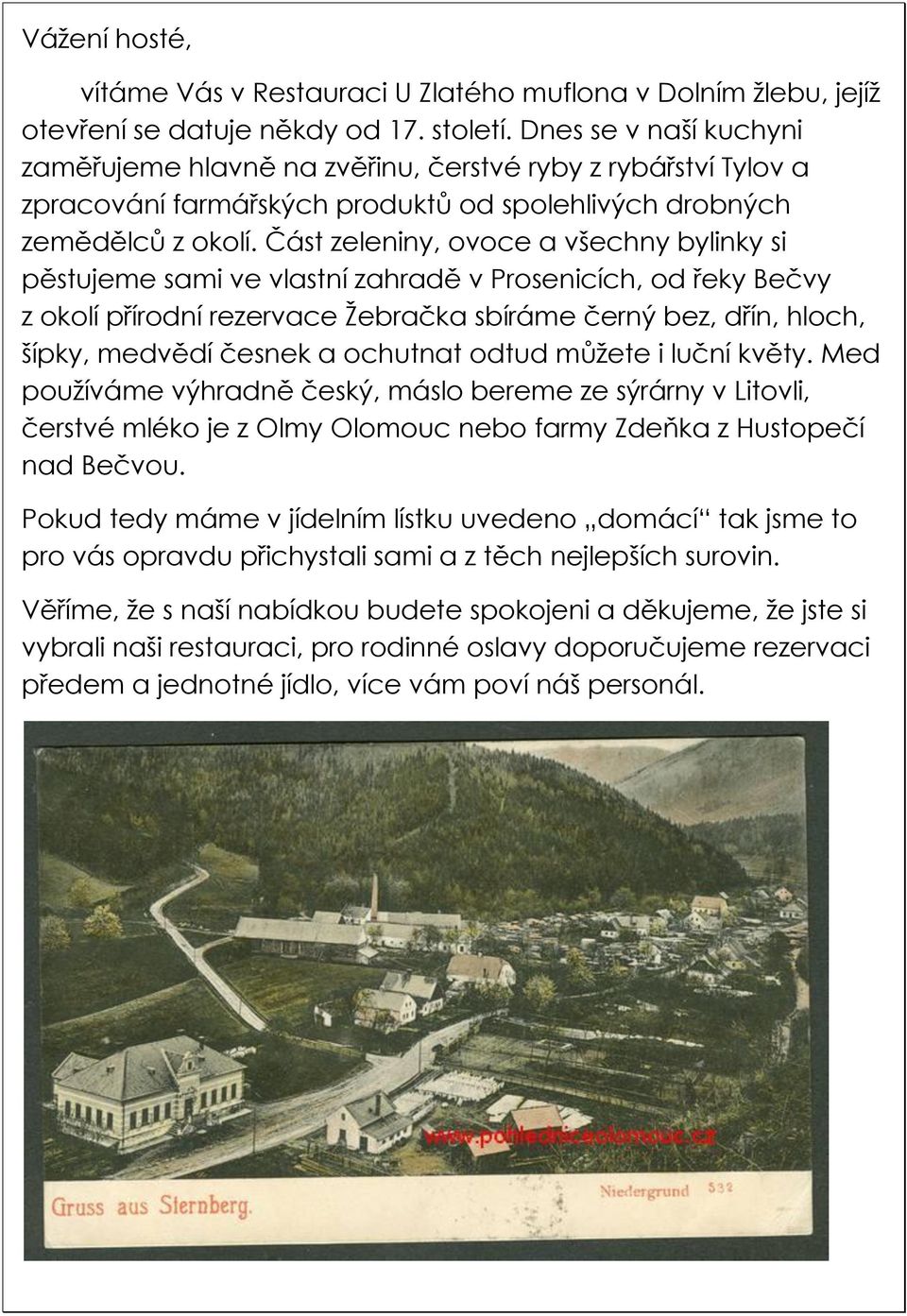 Část zeleniny, ovoce a všechny bylinky si pěstujeme sami ve vlastní zahradě v Prosenicích, od řeky Bečvy z okolí přírodní rezervace Žebračka sbíráme černý bez, dřín, hloch, šípky, medvědí česnek a