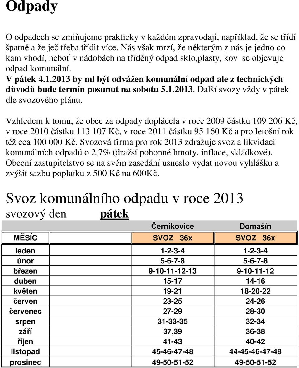 2013 by ml být odvážen komunální odpad ale z technických důvodů bude termín posunut na sobotu 5.1.2013. Další svozy vždy v pátek dle svozového plánu.