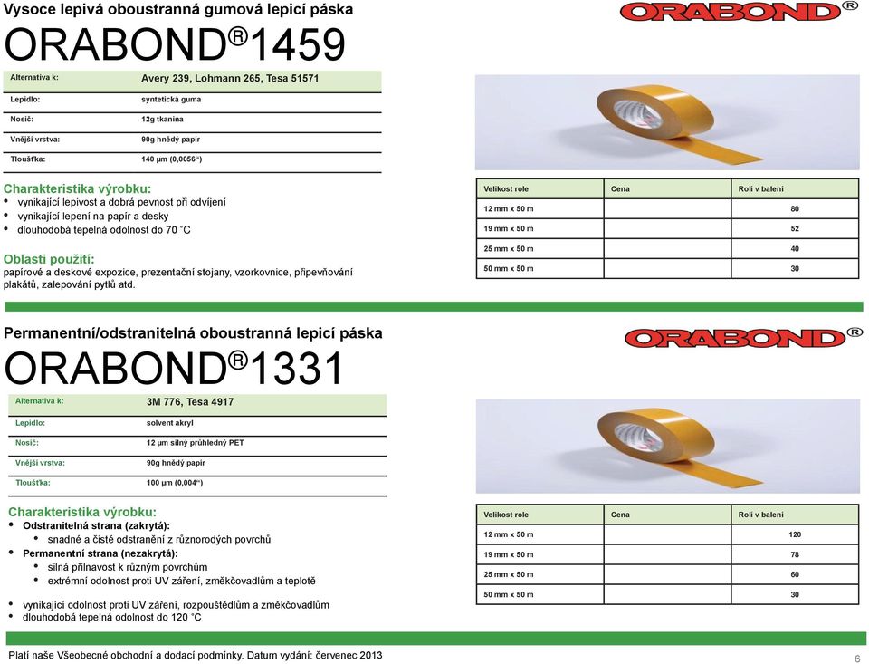 12 mm x 50 m 80 19 mm x 50 m 52 25 mm x 50 m 40 Permanentní/odstranitelná oboustranná lepicí páska ORABOND 1331 3M 776, Tesa 4917 12 µm silný průhledný PET 90g hnědý papír Tloušťka: 100 µm (0,004 )