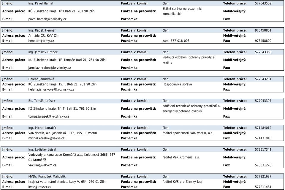 577 018 008 Fax: 973458800 Jméno: Ing. Jaroslav Hrabec Funkce v komisi: člen Telefon práce: 577043360 KÚ ZLínského kraje, Tř.