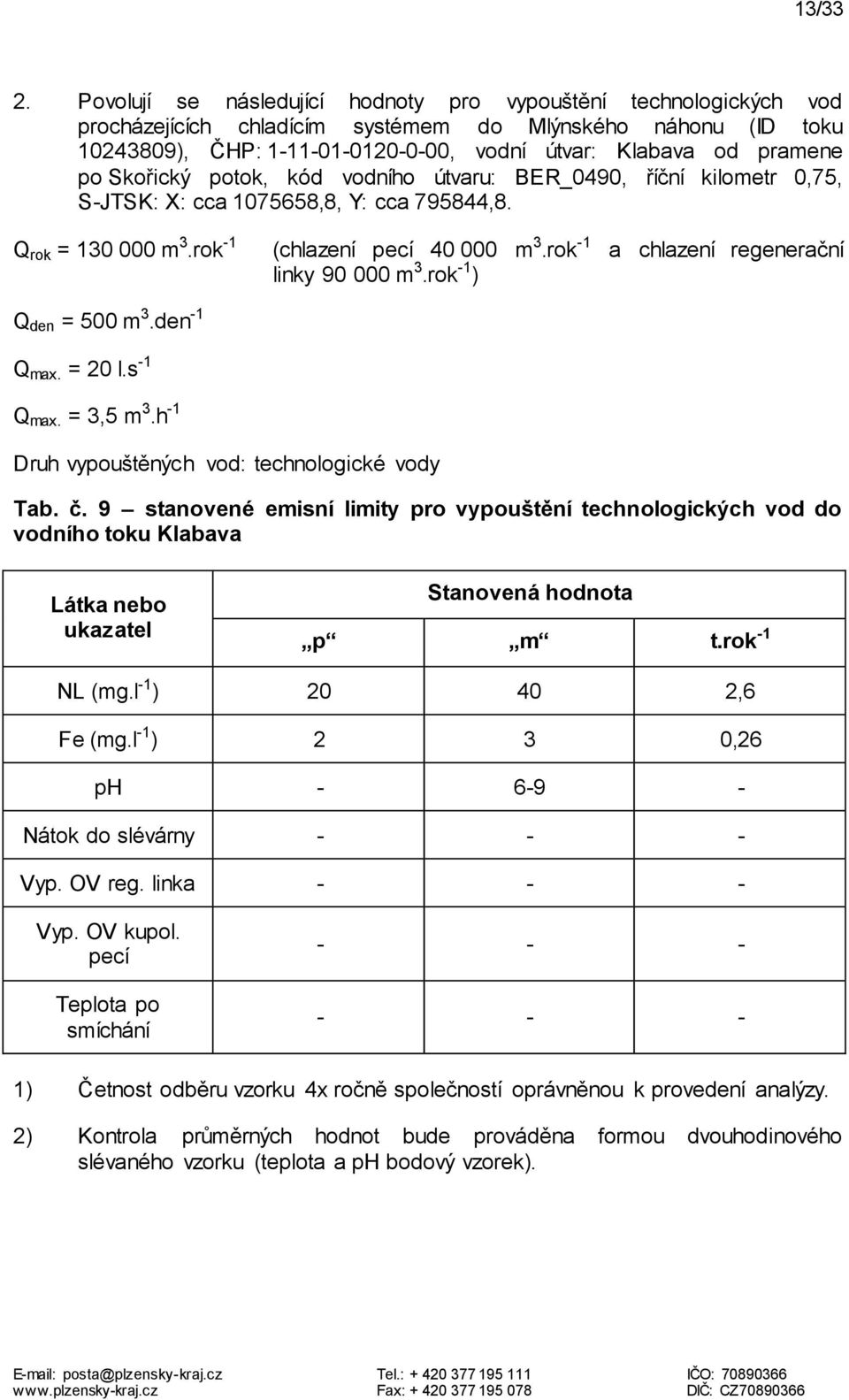 Skořický potok, kód vodního útvaru: BER_0490, říční kilometr 0,75, S-JTSK: X: cca 1075658,8, Y: cca 795844,8. Q rok = 130 000 m 3.rok -1 (chlazení pecí 40 000 m 3.