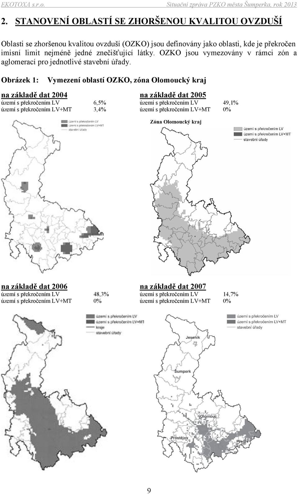 Obrázek 1: Vymezení oblastí OZKO, zóna Olomoucký kraj na základě dat 2004 území s překročením LV území s překročením LVMT na základě dat 2005 6,5% 3,4% na