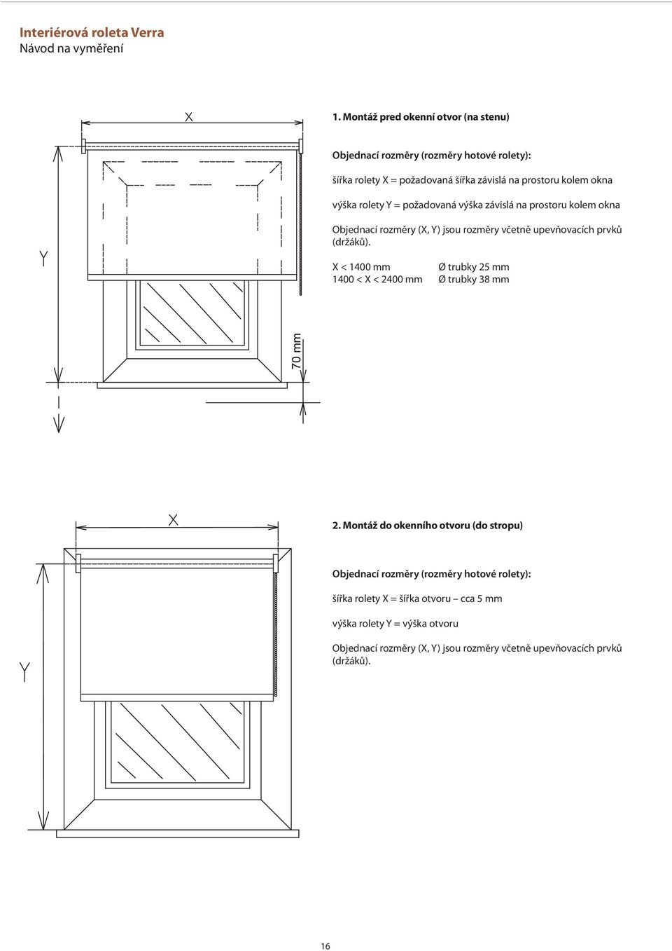 rolety Y = požadovaná výška závislá na prostoru kolem okna Objednací rozměry (X, Y) jsou rozměry včetně upevňovacích prvků (držáků).