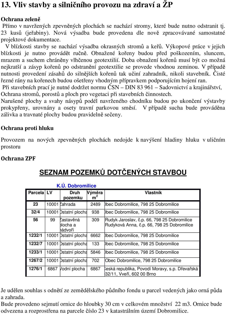 Výkopové práce v jejich blízkosti je nutno provádět ručně. Obnažené kořeny budou před poškozením, sluncem, mrazem a suchem chráněny vlhčenou geotextilií.