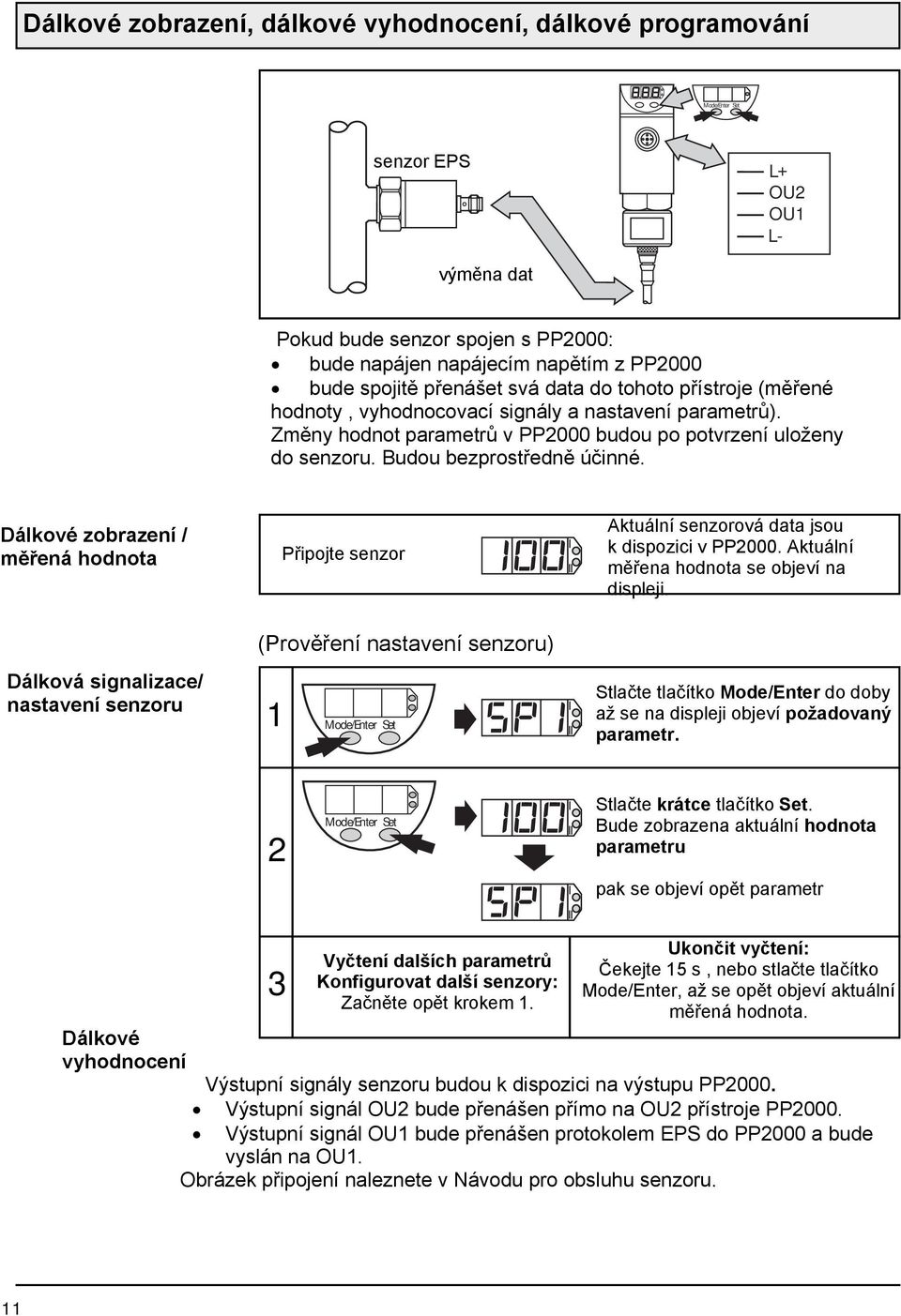 Dálkové zobrazení / měřená hodnota Připojte senzor Aktuální senzorová data jsou k dispozici v PP000. Aktuální měřena hodnota se objeví na displeji.