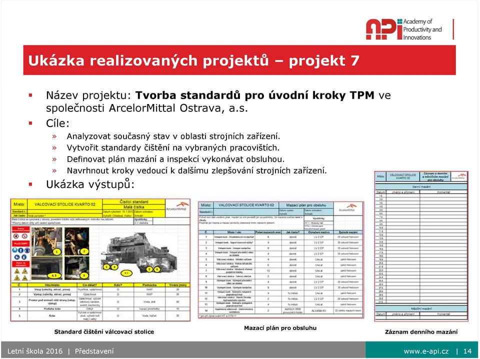 » Vytvořit standardy čištění na vybraných pracovištích.» Definovat plán mazání a inspekcí vykonávat obsluhou.