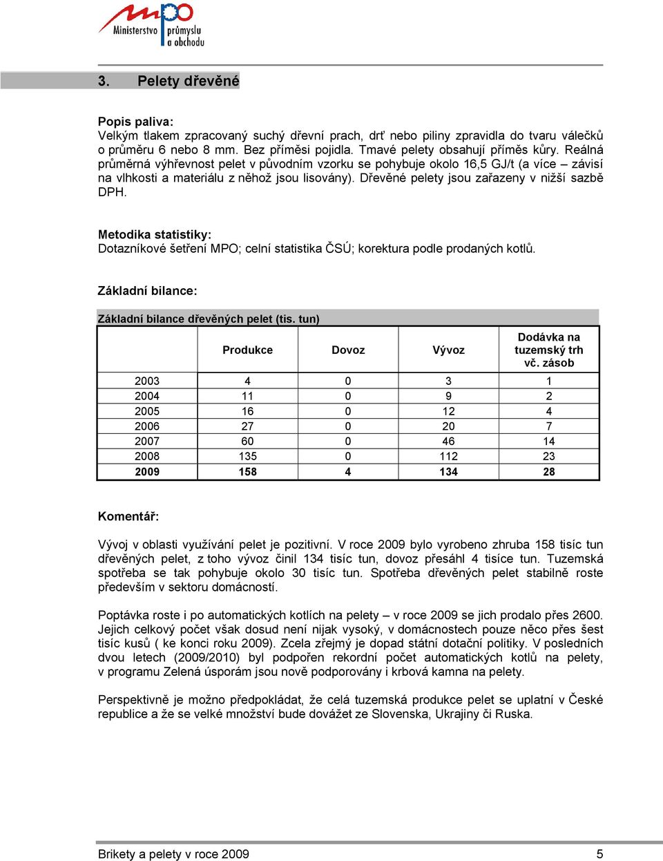 Metodika statistiky: Dotazníkové šetření MPO; celní statistika ČSÚ; korektura podle prodaných kotlů. Základní bilance: Základní bilance dřevěných pelet (tis.